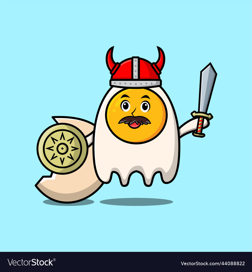 Cute cartoon fried egg viking pirate holding sword