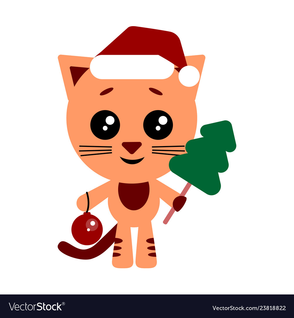 Cute cat with christmas tree and new year ball