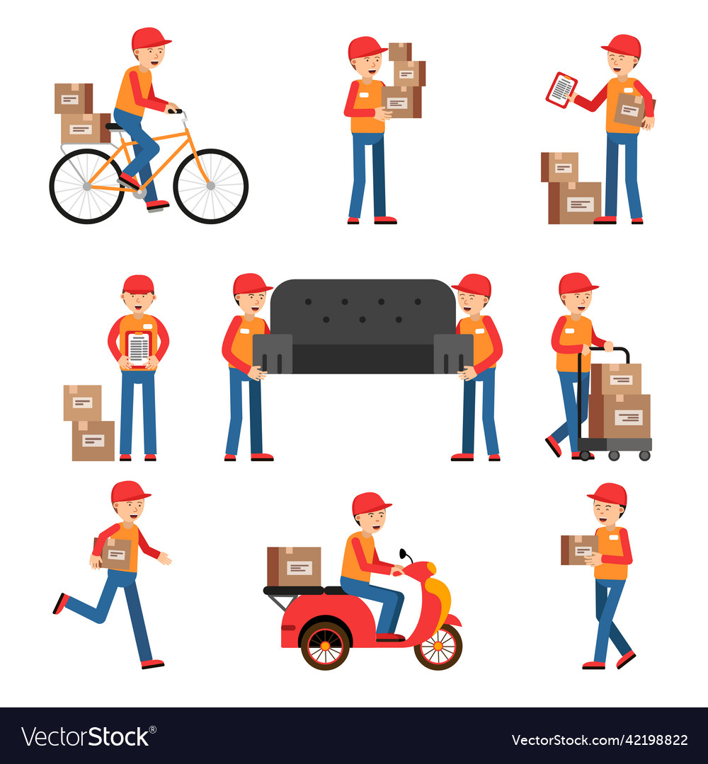 Workers of delivery different characters set vector image Workers of delivery different characters set