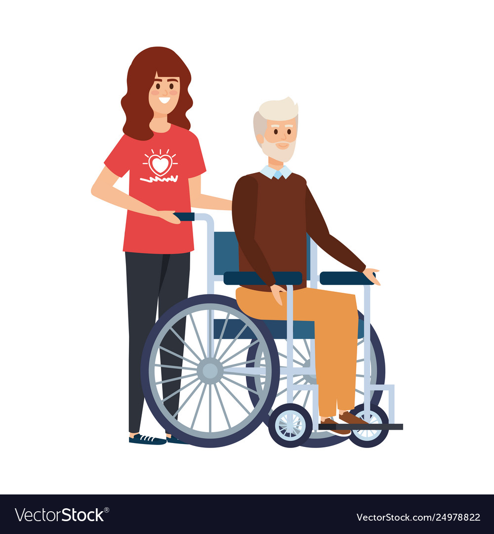 Young woman volunteer with old man in wheelchair