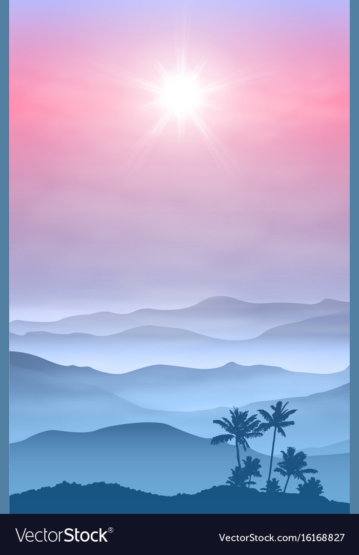 Background with palm tree and mountains in the fog
