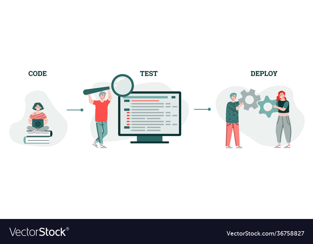 Computer code testing with characters cartoon vector image Computer code testing with characters cartoon