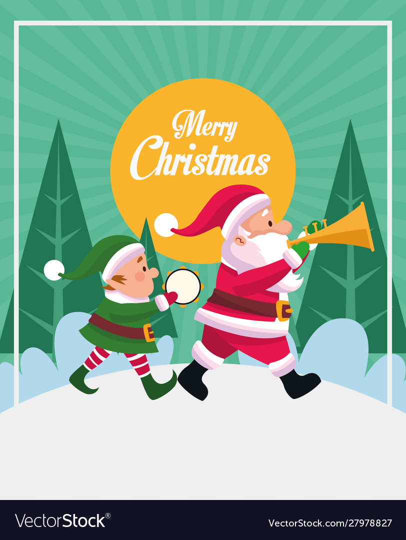 Merry christmas card with santa claus and elf