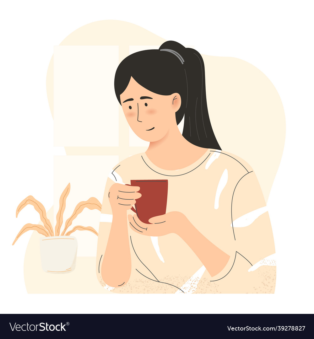 Young girl drinking coffee flat morning