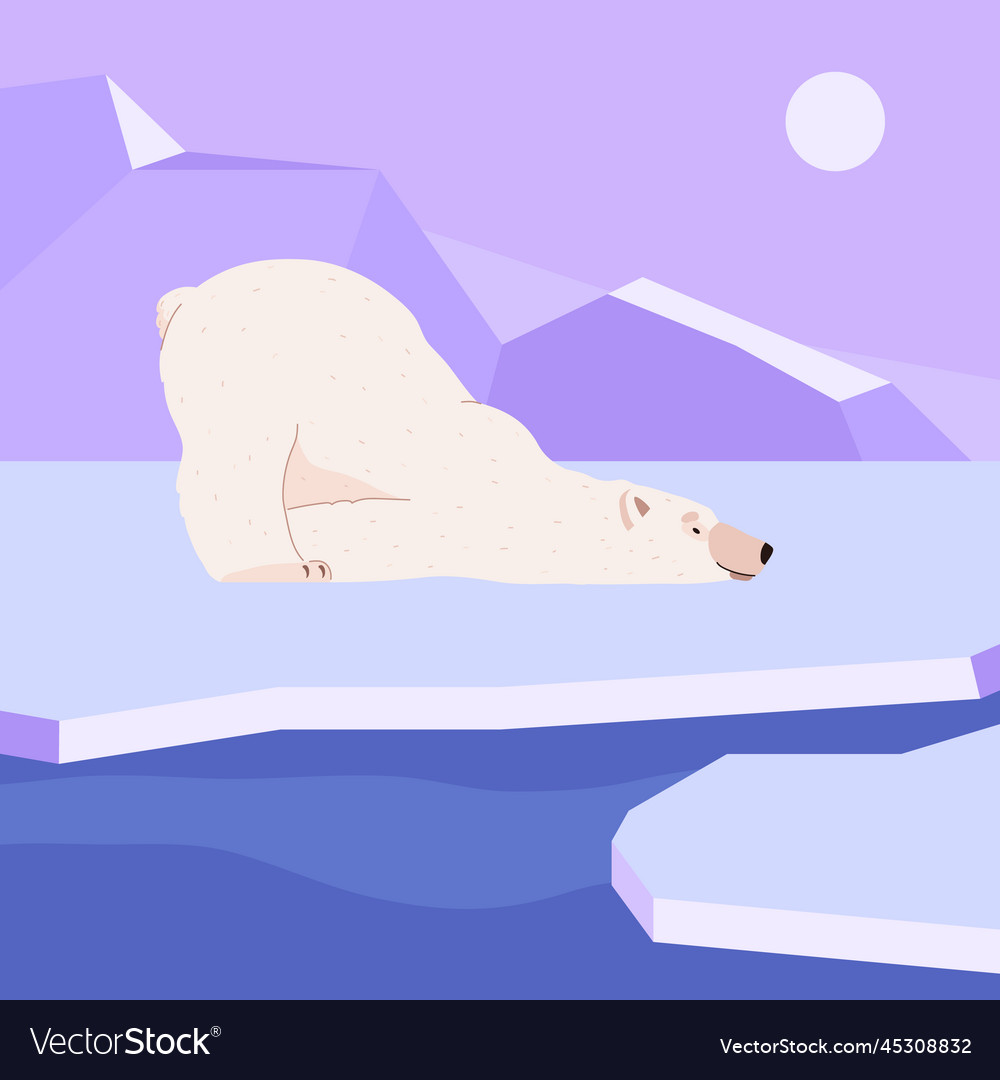 Cute polar bear lying on ice cartoon flat