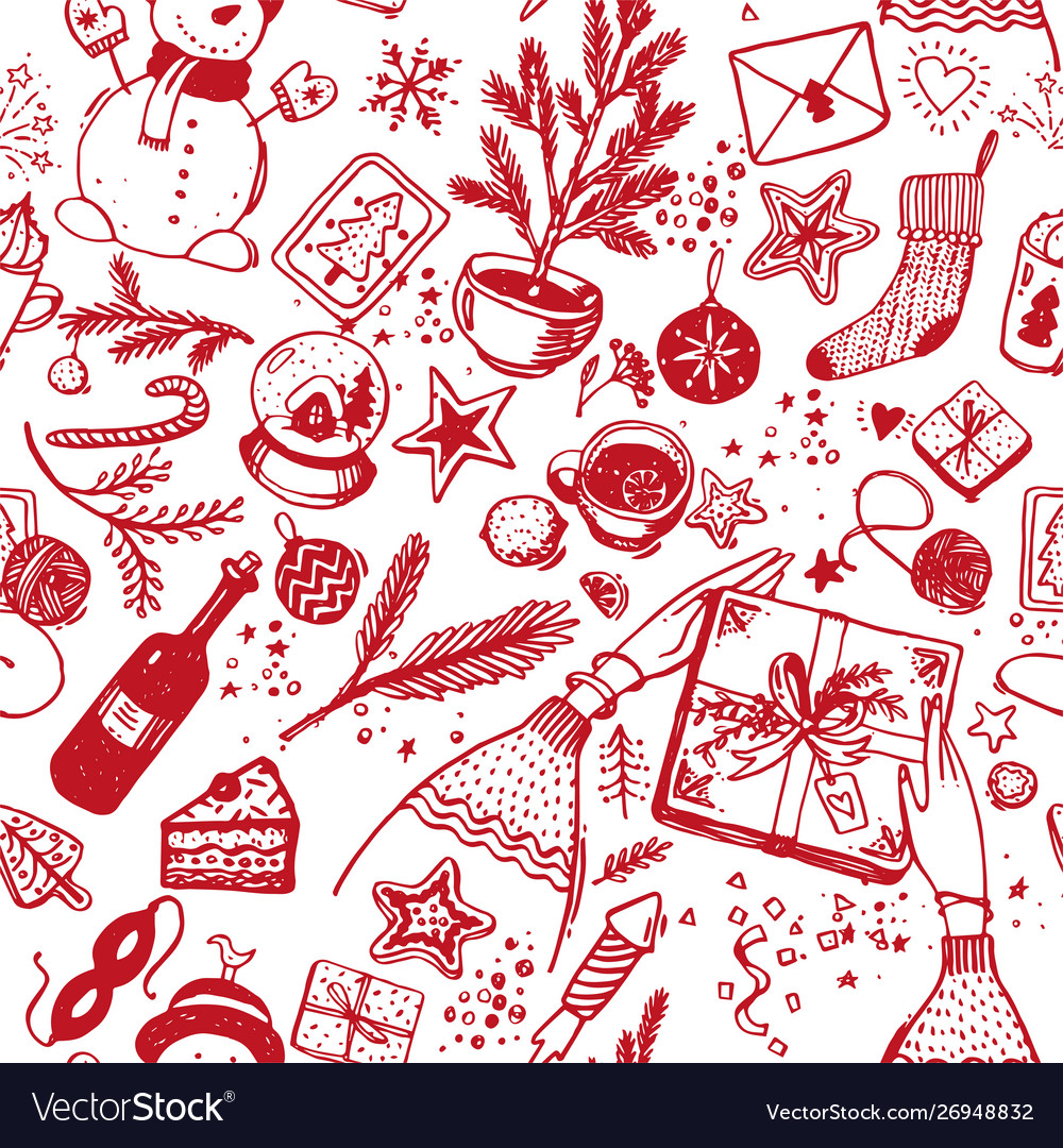 Seamless christmas pattern red icons with line Vector Image