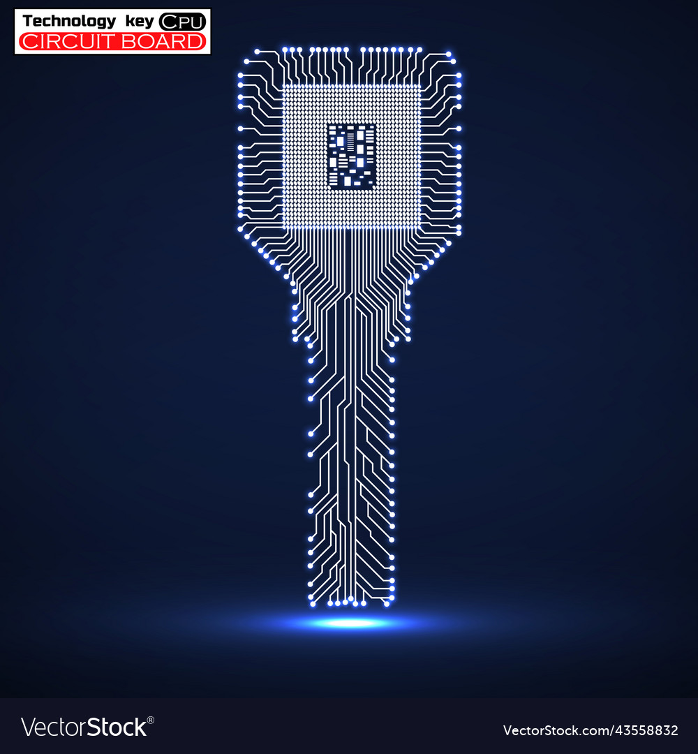 Technology key with glowing circuit board and cpu