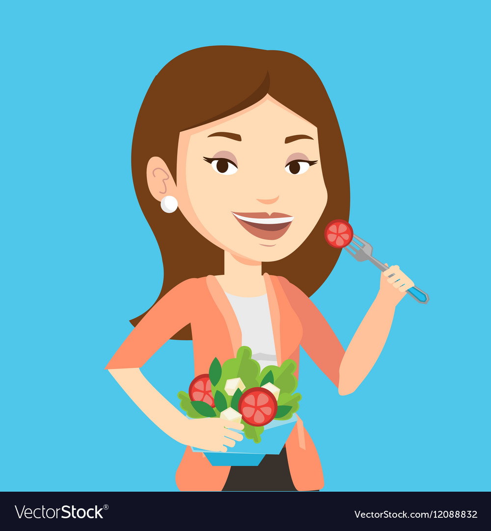 Woman eating healthy vegetable salad Royalty Free Vector