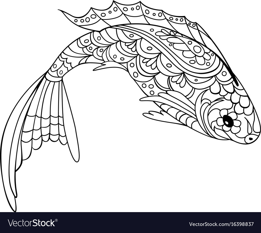 Fish Zentangle Style Coloring Book For Adult And Vector Image - Fish Zentangle Style Coloring Book For Adult And Vector Image