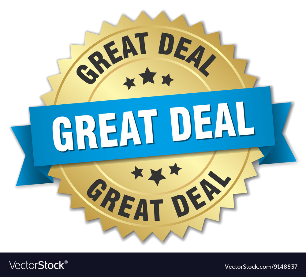 Great deal 3d gold badge with blue ribbon Vector Image