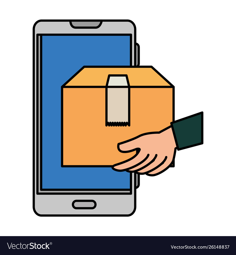 Hand using smartphone with delivery box app vector image Hand using smartphone with delivery box app