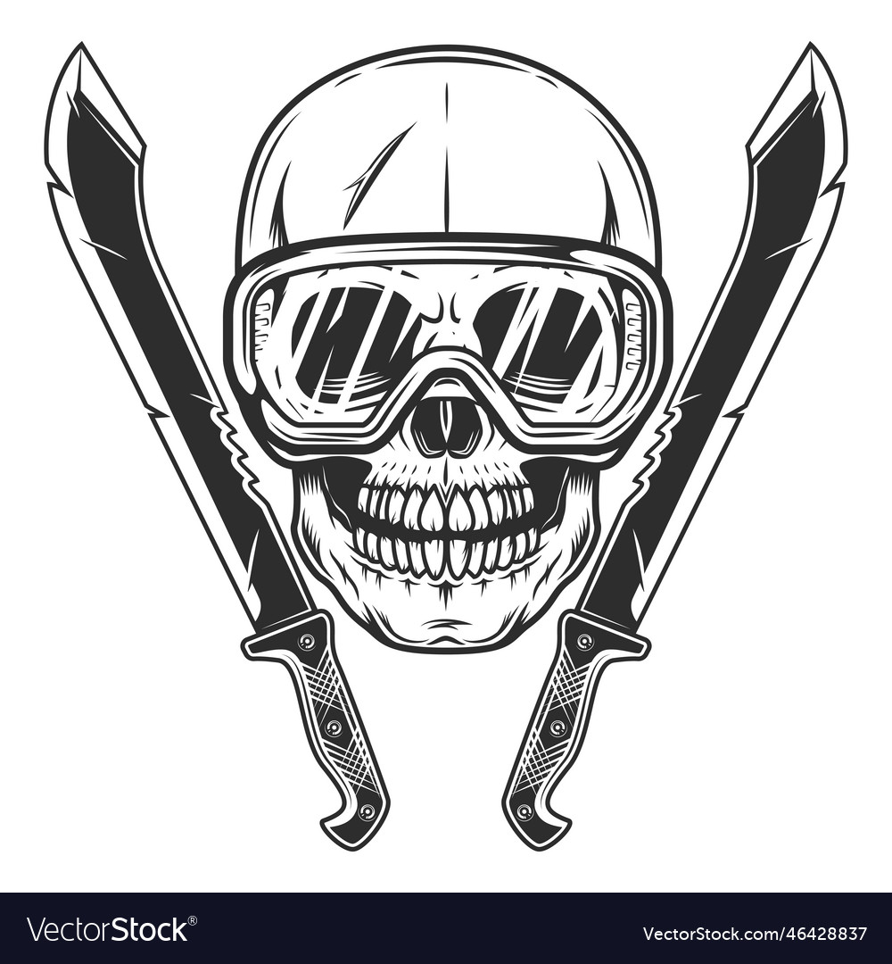 Skull in construction safety glasses and machete Vector Image