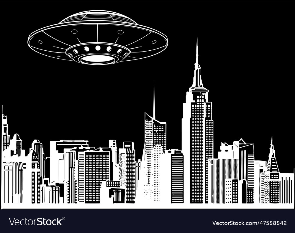 White silhouette of ufo with flying over city Vector Image