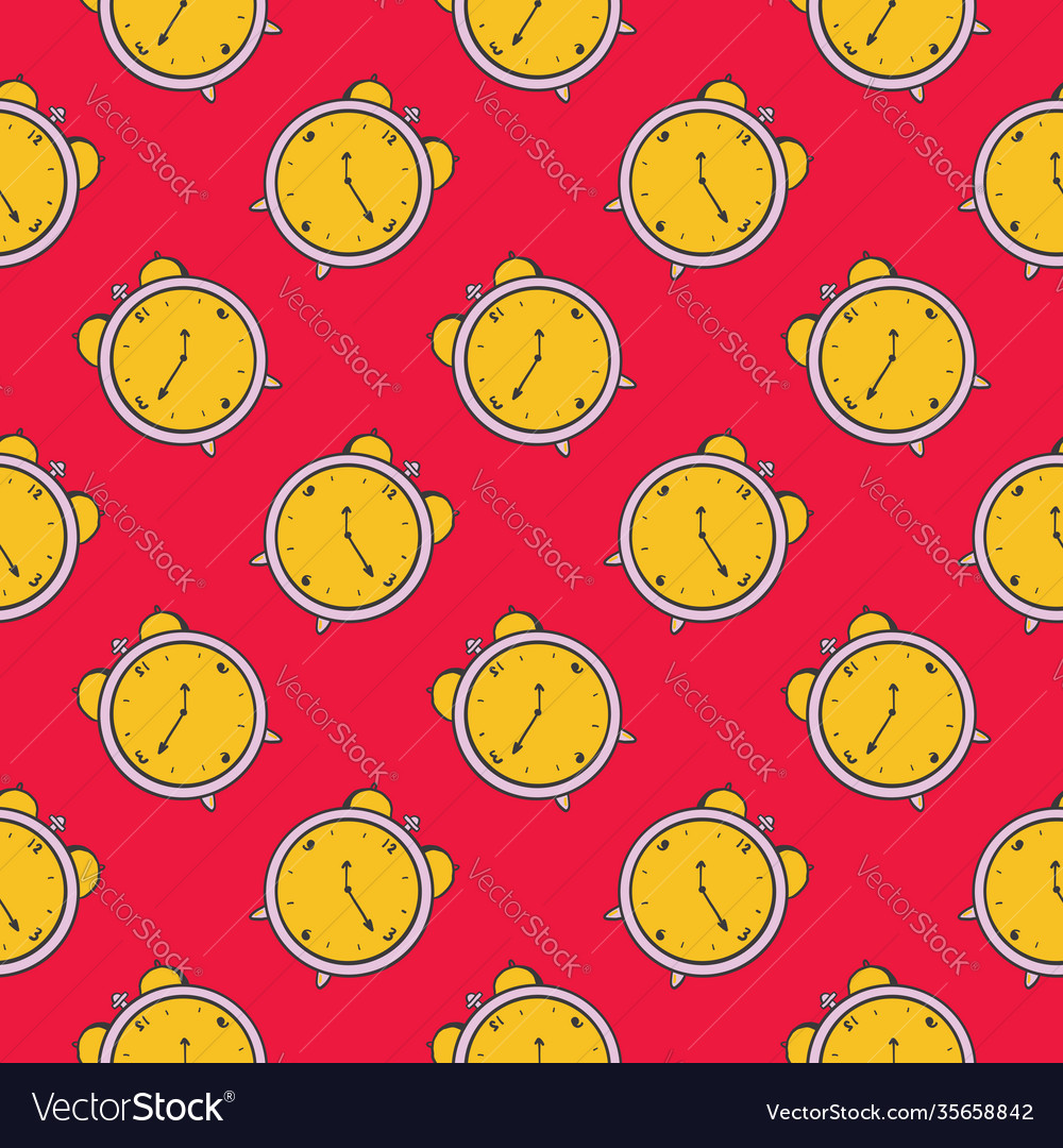 Yellow clock seamless pattern on red background
