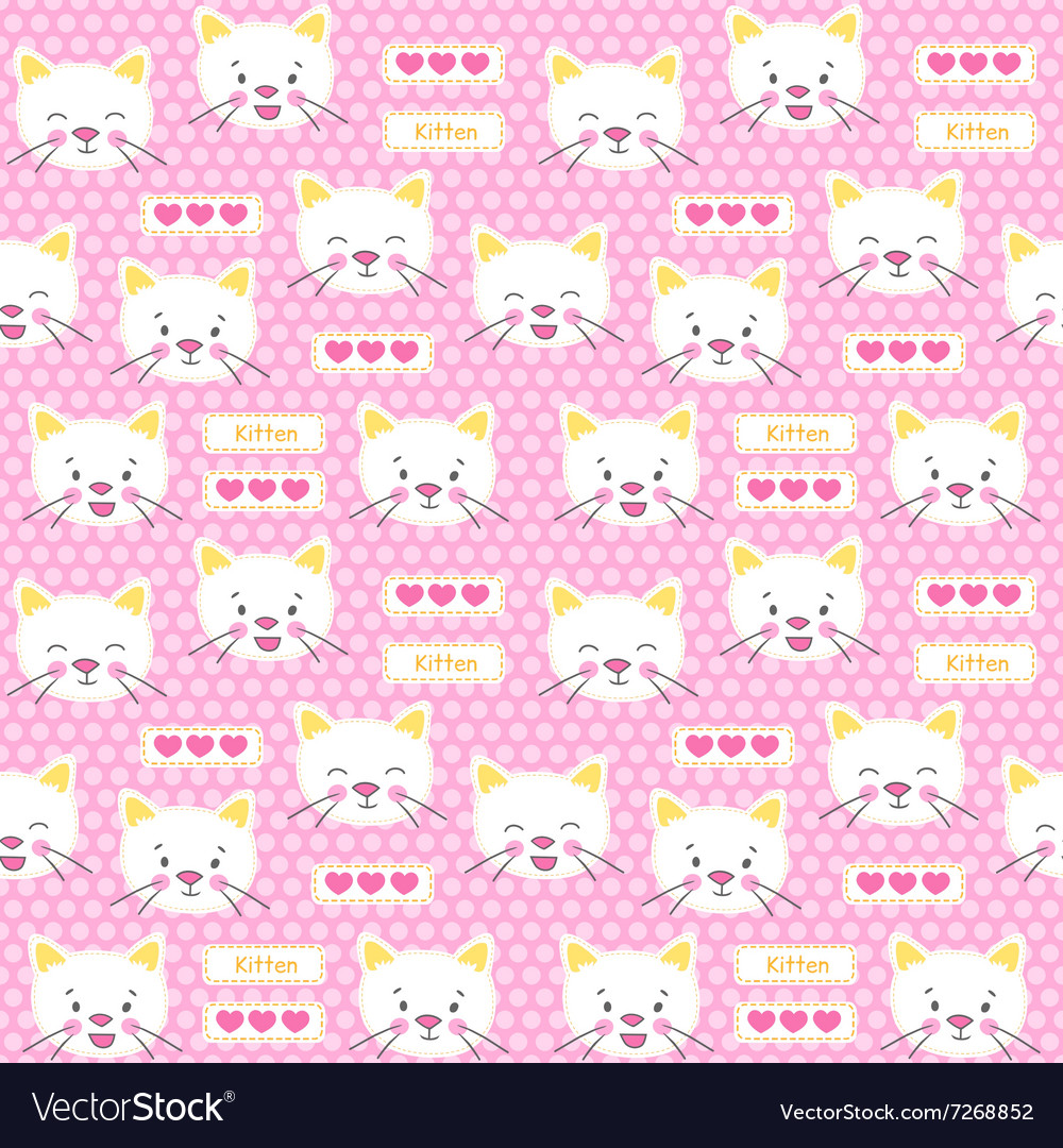 Patches kitten and hearts seamless pattern