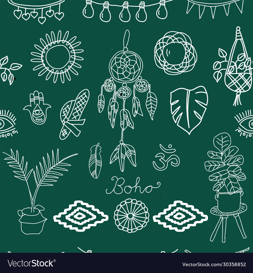 Repeating pattern boho symbols on emerald vector image Repeating pattern boho symbols on emerald