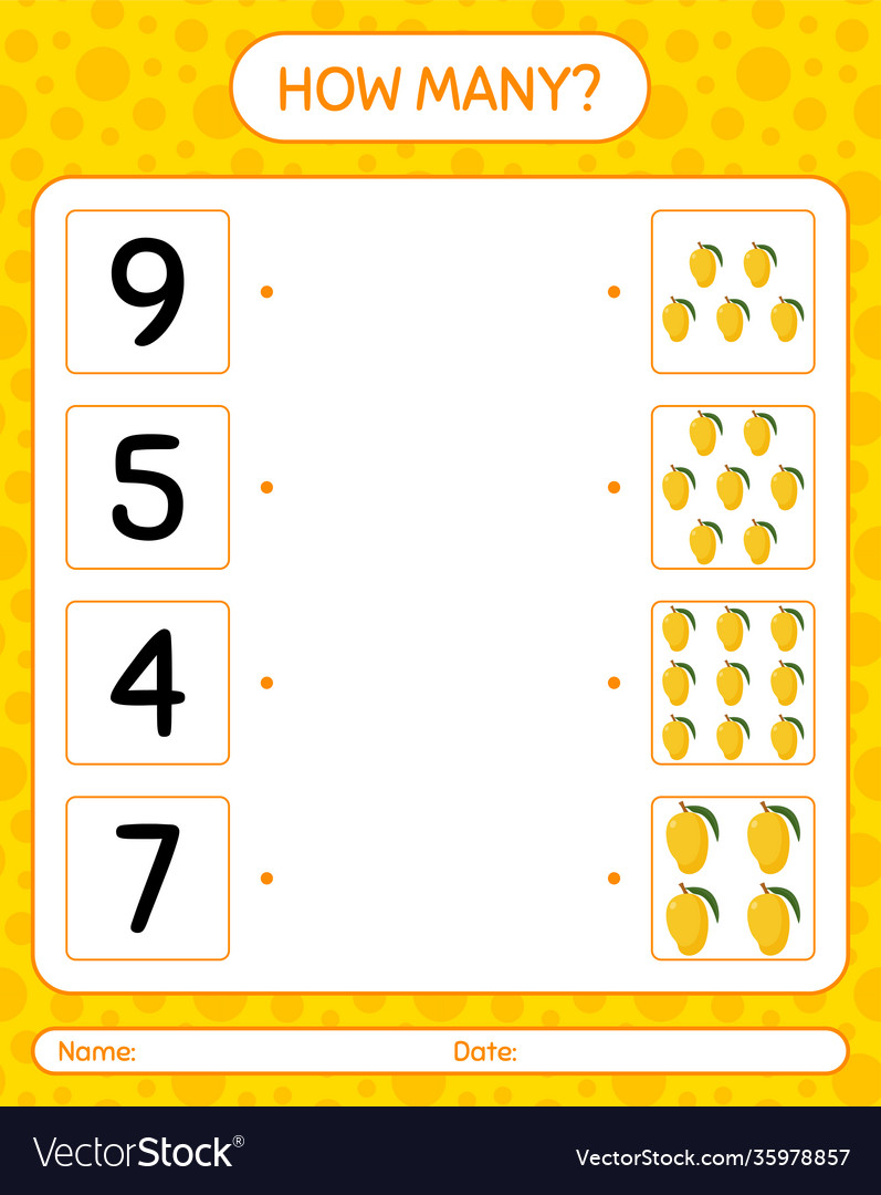 How many counting game with mango worksheet vector image How many counting game with mango worksheet