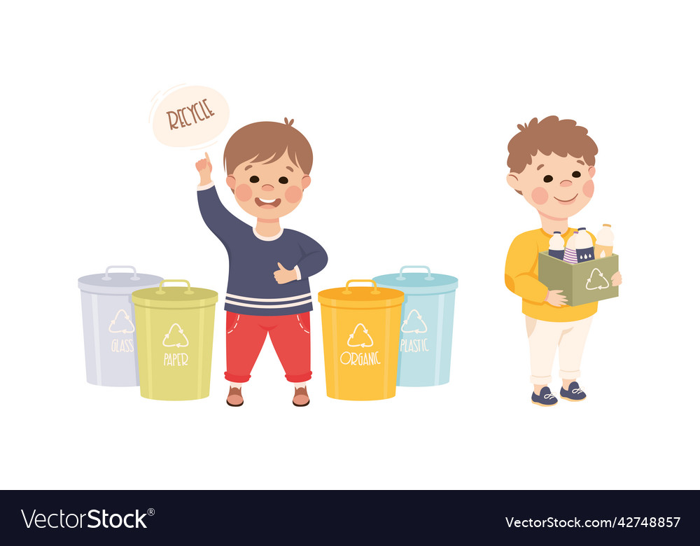 Little boy near dustbin with plastic bottles for Vector Image