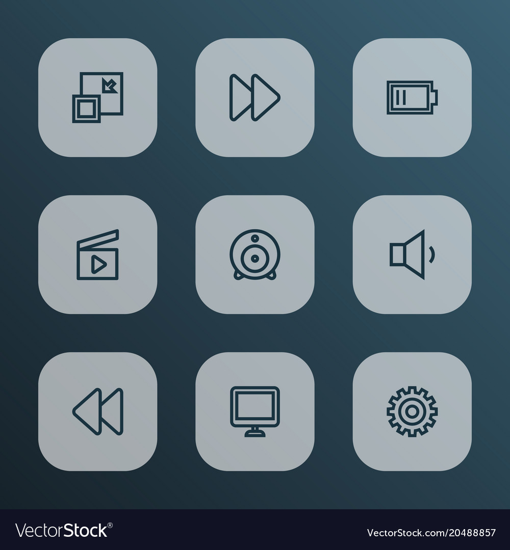 Media icons line style set with web cam fast