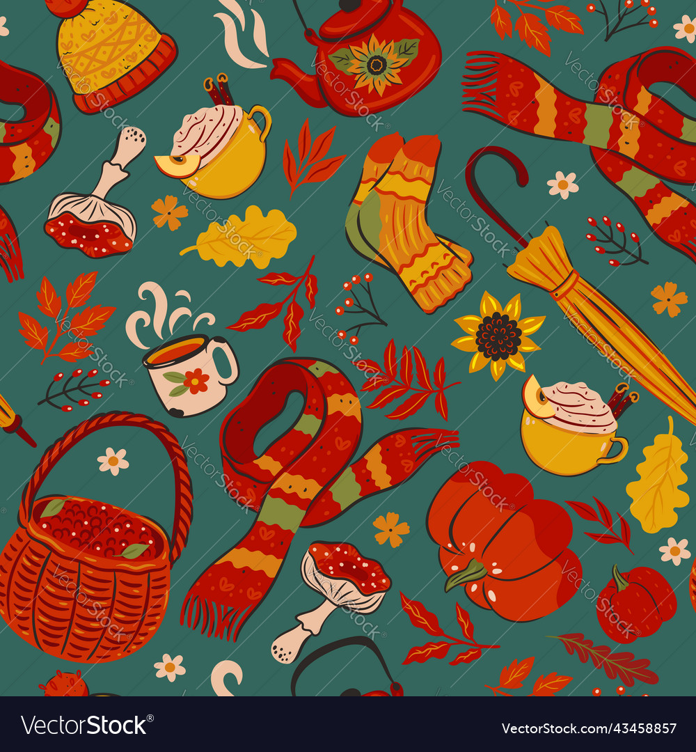 Seamless pattern with autumn items vector image Seamless pattern with autumn items