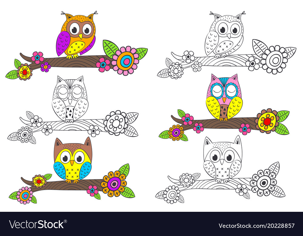 Set of isolated funny owl on branch