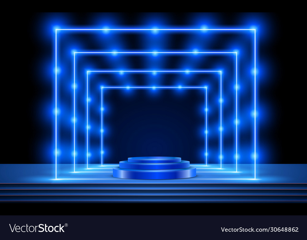 Blue podium with pink light on stage