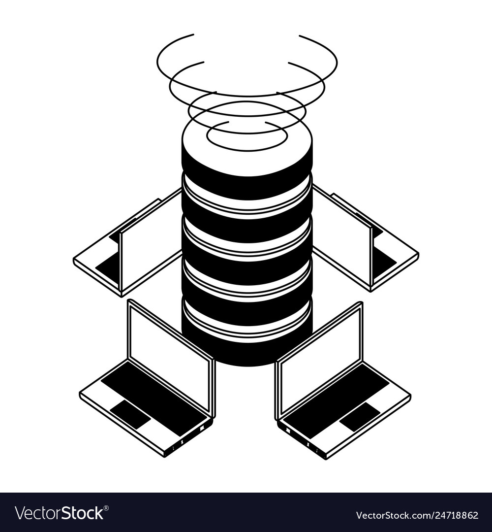 Data center disks with laptops computers isometric vector image Data center disks with laptops computers isometric