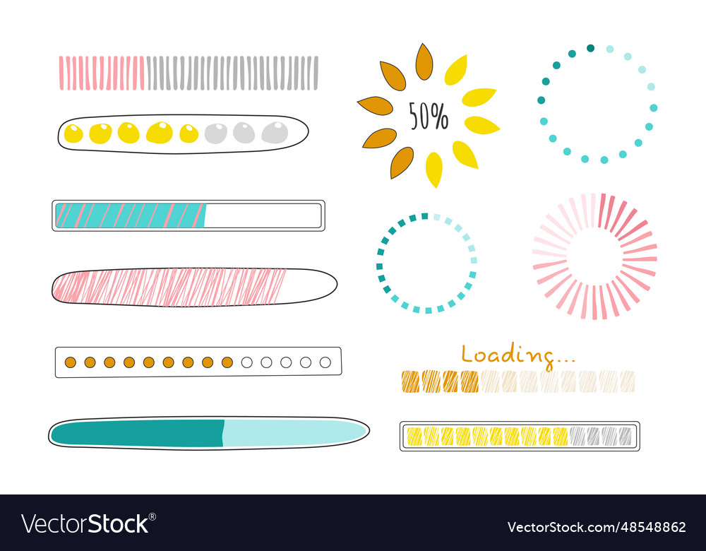 Set loading bar progress in doodle style isolated vector image Set loading bar progress in doodle style isolated