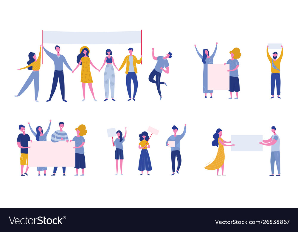 Protesting people holding banners and placards Vector Image