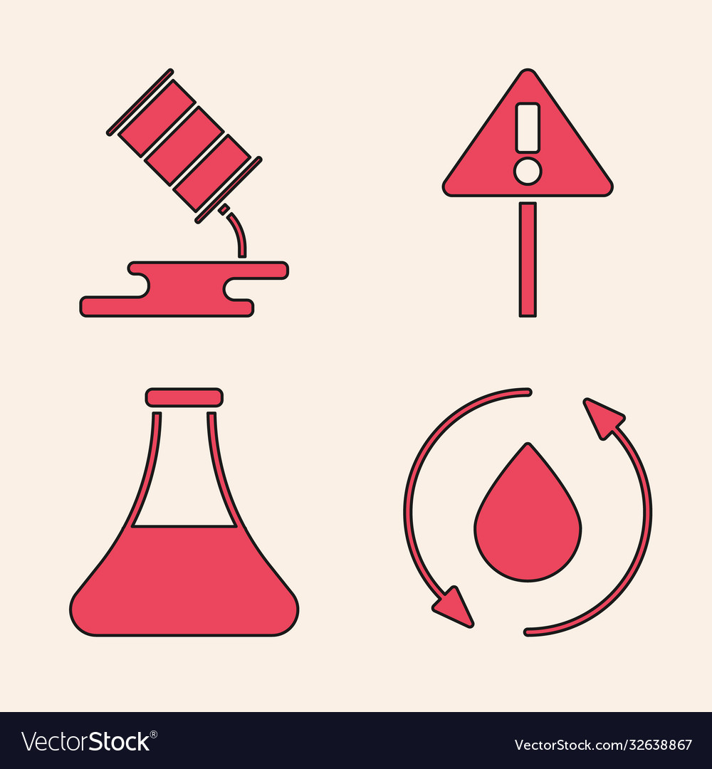 Set oil drop barrel leak exclamation mark vector image Set oil drop barrel leak exclamation mark