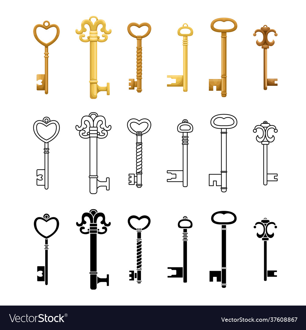 Set retro keys in three styles - flat outline vector image Set retro keys in three styles - flat outline
