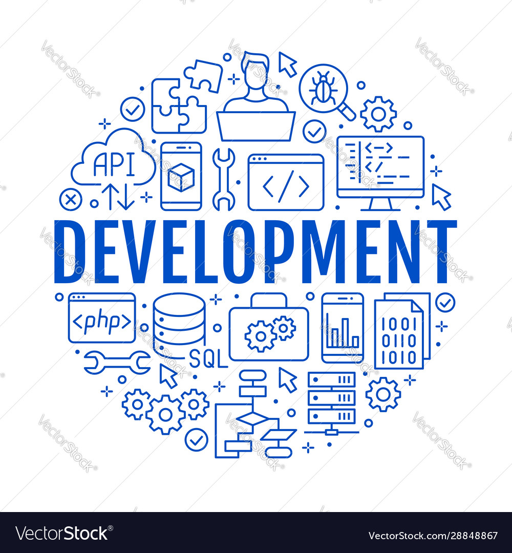 Software development circle poster with flat line vector image Software development circle poster with flat line