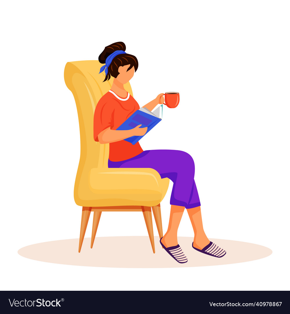 Woman reading book flat color faceless character