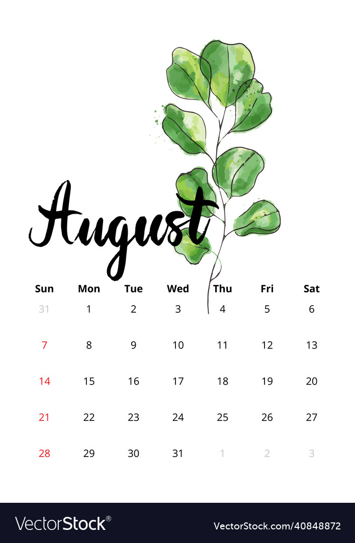 2022 English Calendar August Royalty Free Vector Image