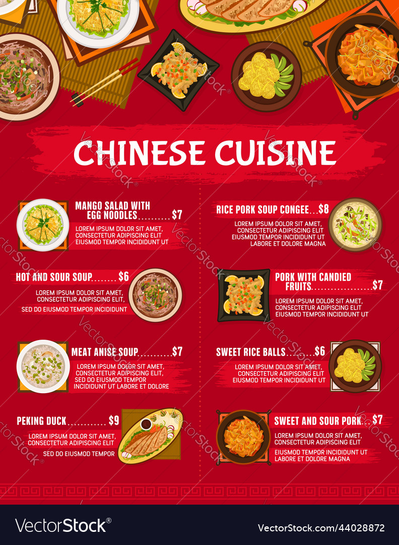 Chinese cuisine restaurant meals menu Royalty Free Vector