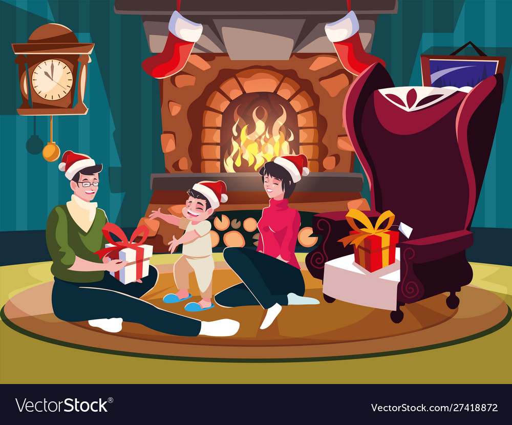Family in living room with christmas decoration