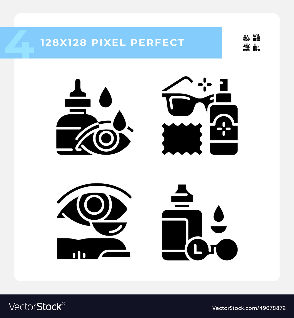 Set of pixel perfect glyph style eye care icons vector image Set of pixel perfect glyph style eye care icons