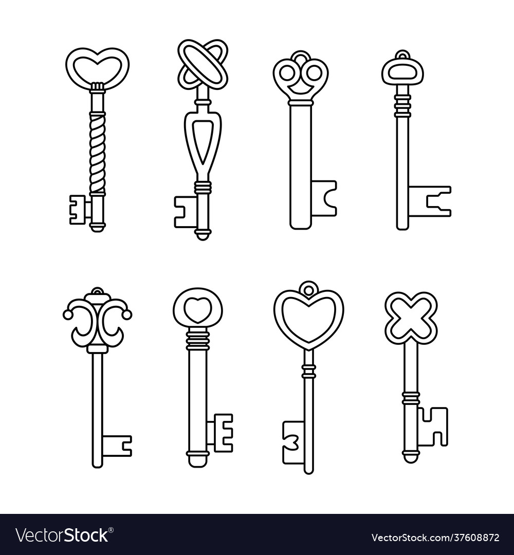 Set retro keys in outline style vector image Set retro keys in outline style