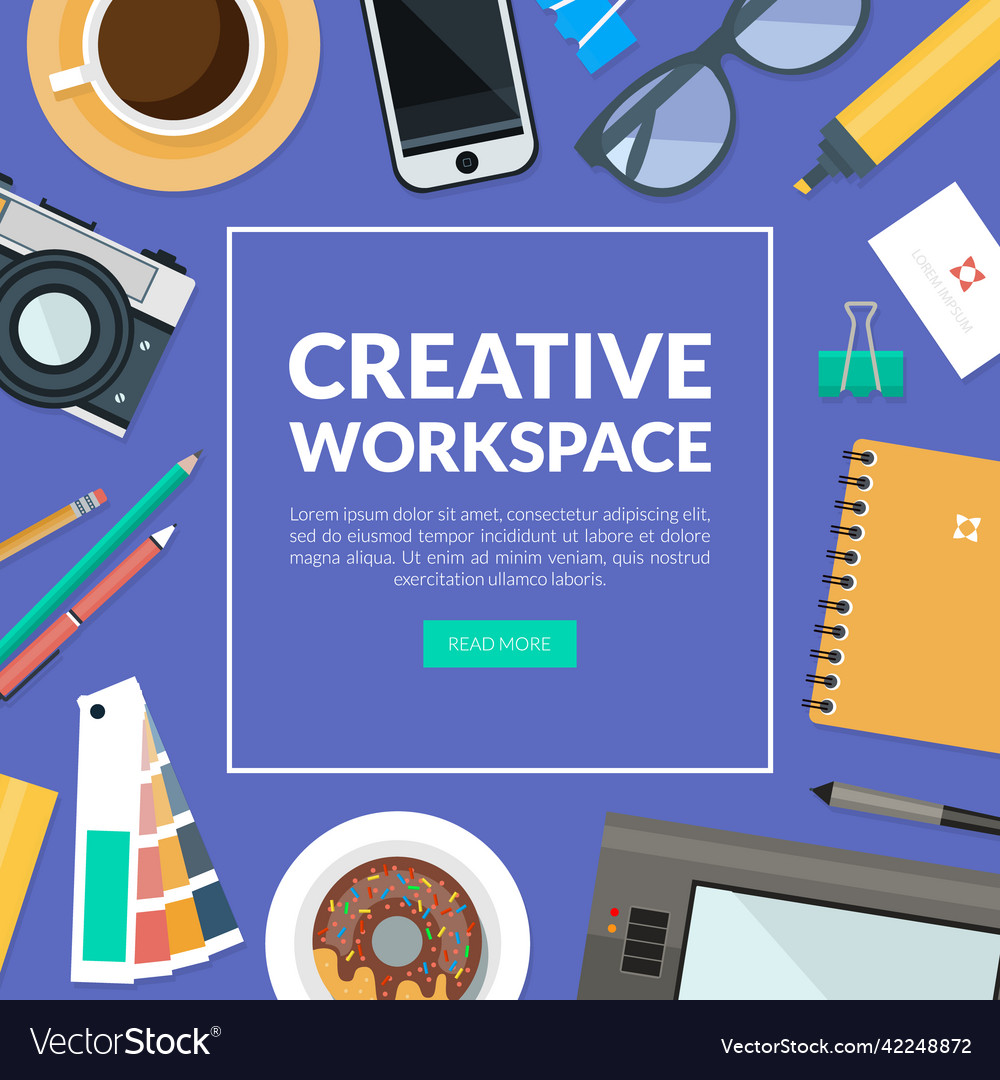 Workspace banner with objects rested on desk top vector image Workspace banner with objects rested on desk top