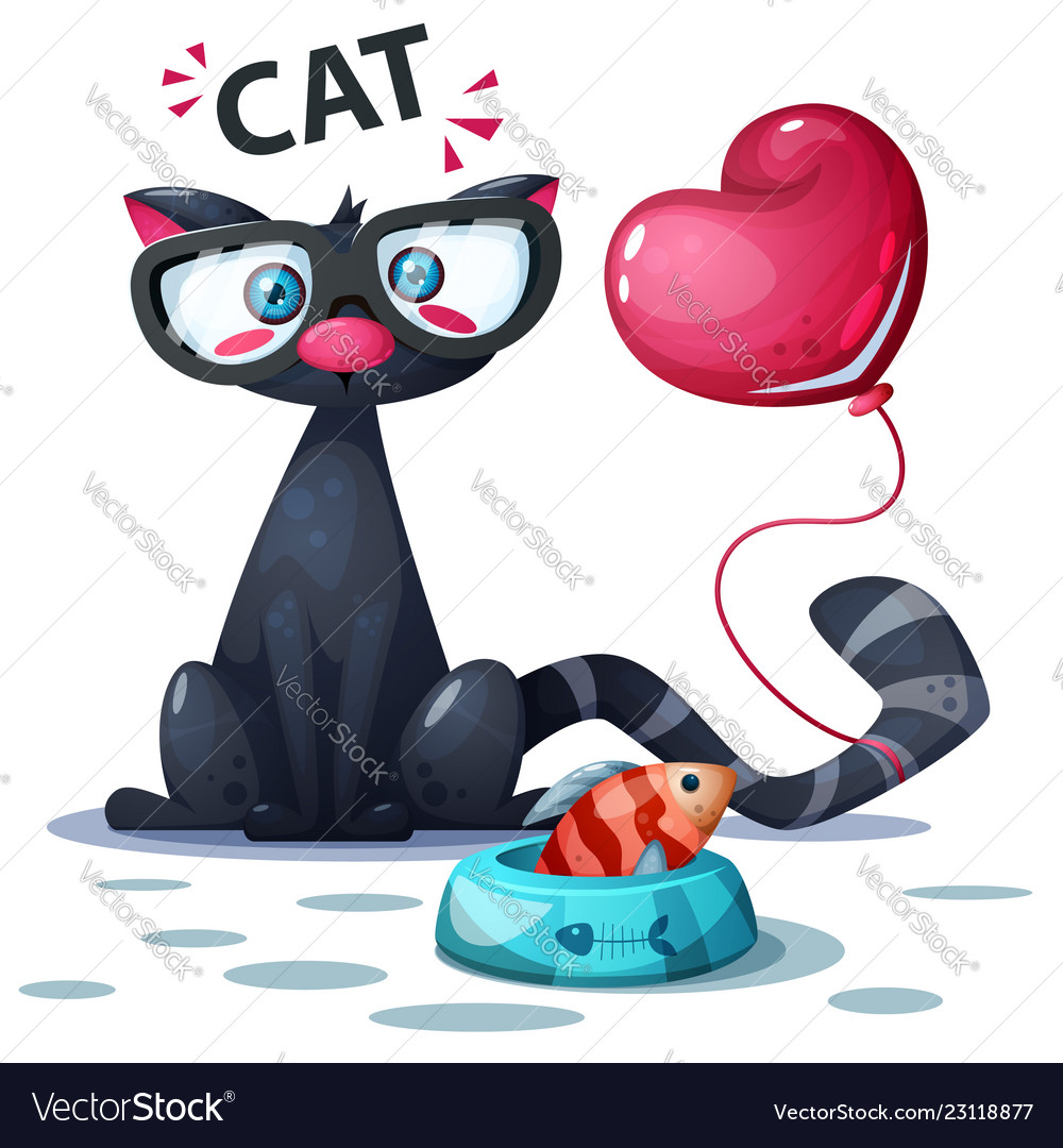 Süße Katze mit Fisch und Luftballon vector image Süße Katze mit Fisch und Luftballon