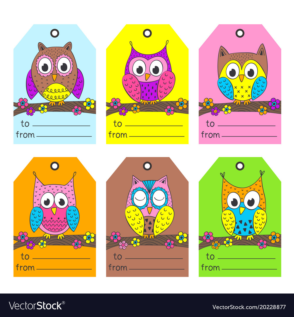 Set of tags with funny owls