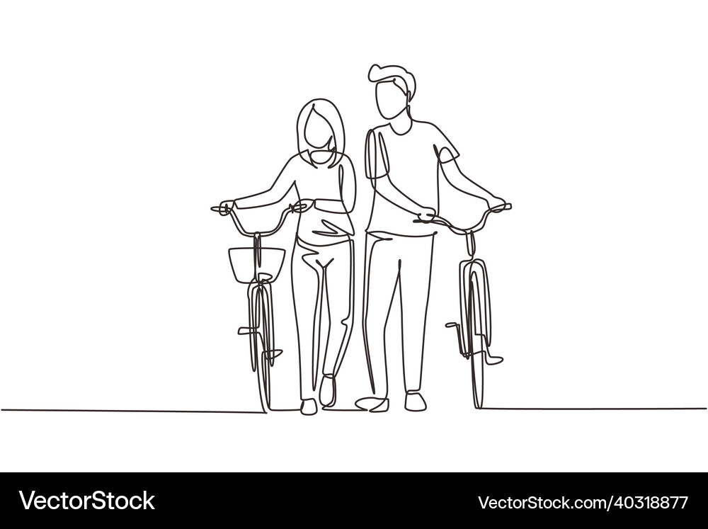 Single continuous line drawing cyclists walking Vector Image