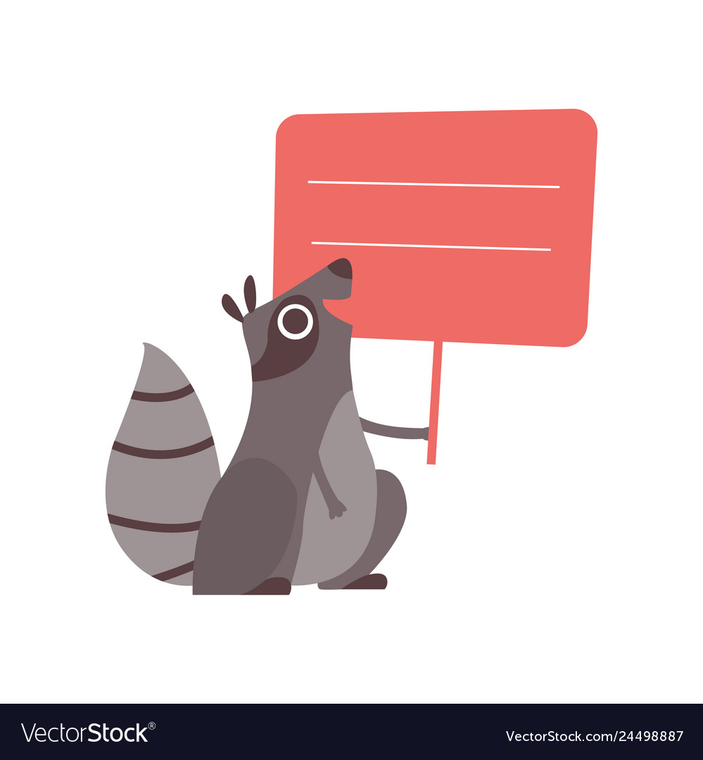 Little raccoon holding red empty banner cute