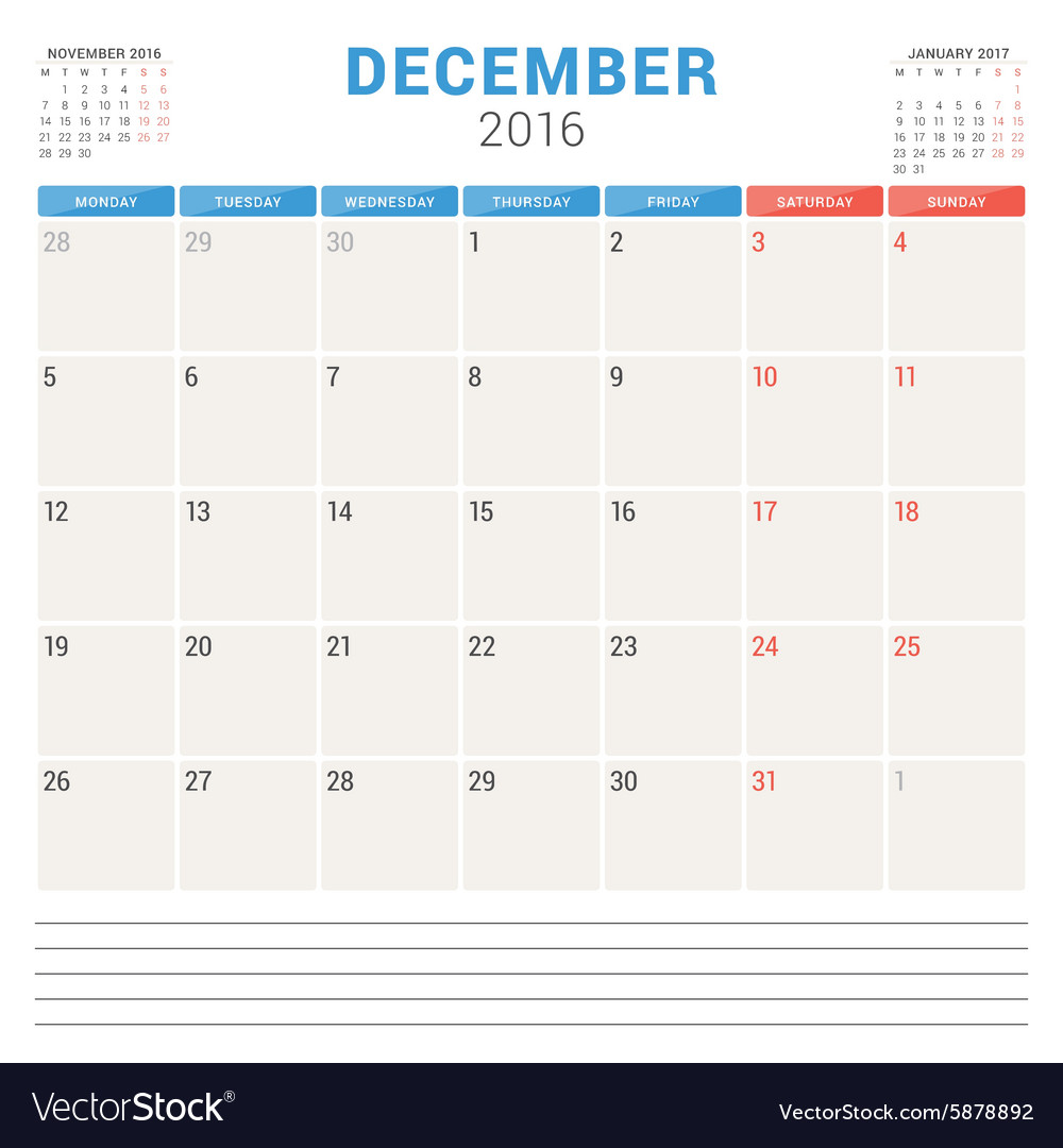 Calendar Planner 2016 Flat Design Template Vector Image