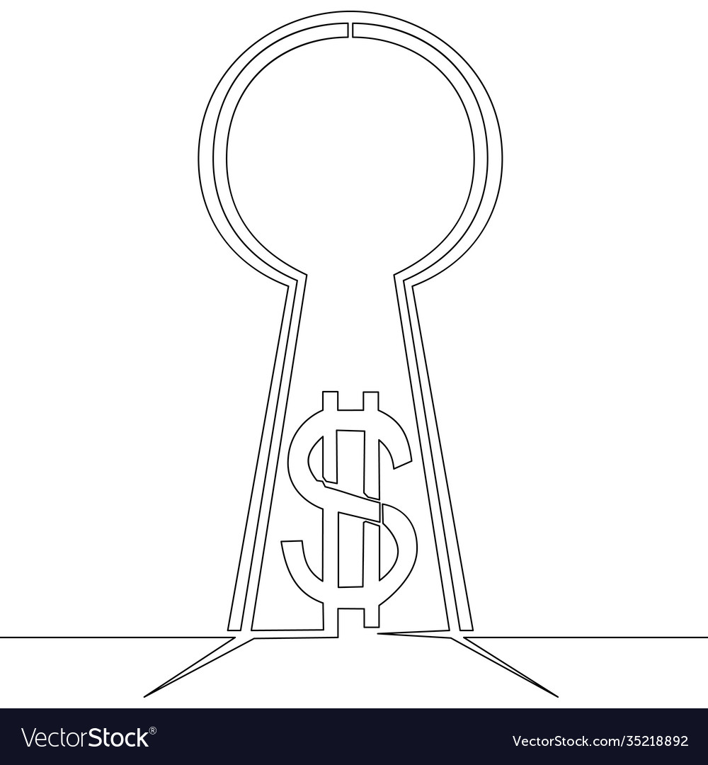 Continuous line drawing dollar in keyhole concept vector image Continuous line drawing dollar in keyhole concept