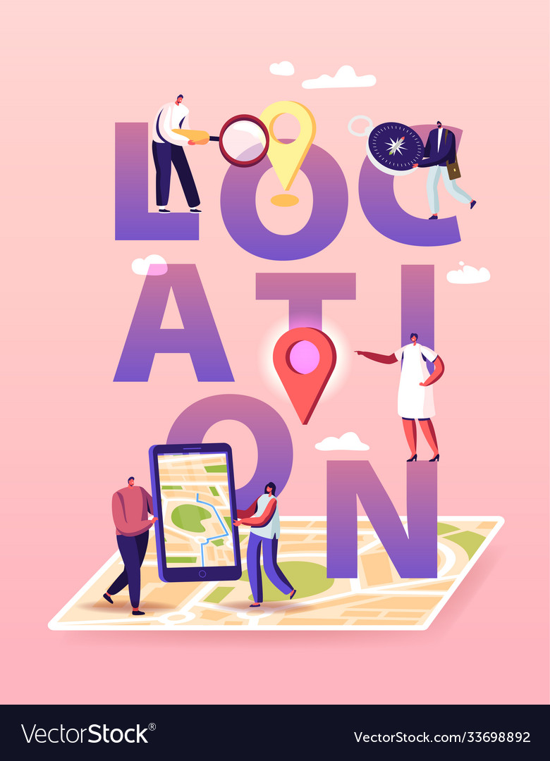 Geolocation concept tiny characters at huge