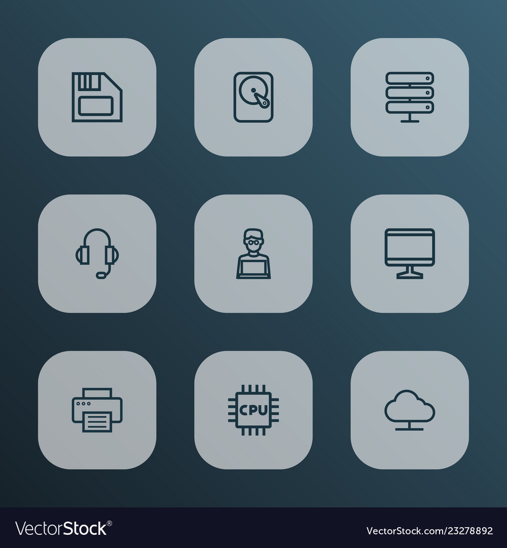 Hardware icons line style set with online cloud vector image Hardware icons line style set with online cloud