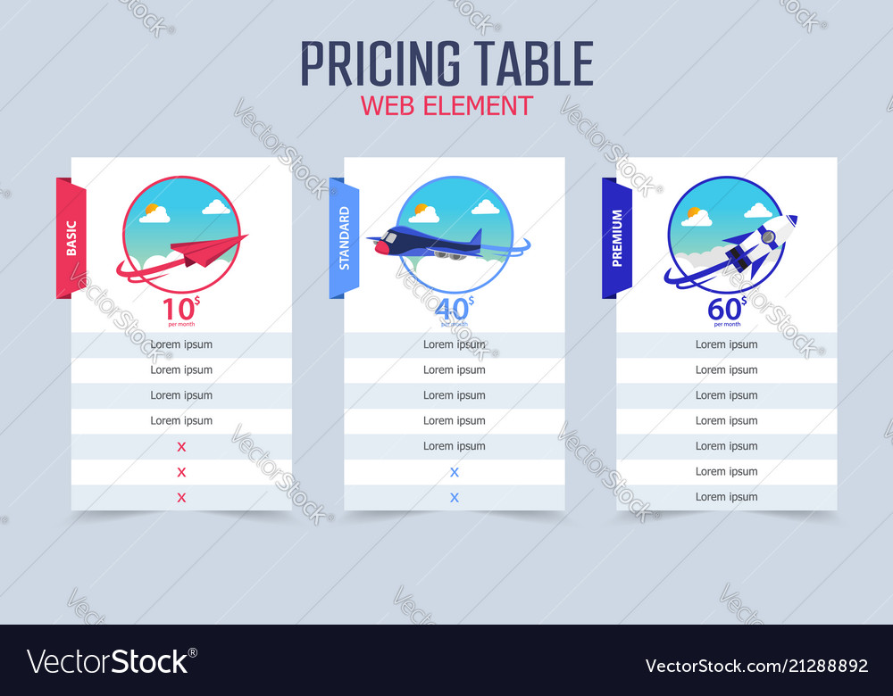 Pricing table 3 different plane template design Vector Image Pricing table 3 different plane template design