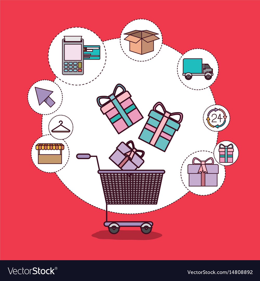 Red background with shopping cart choice add