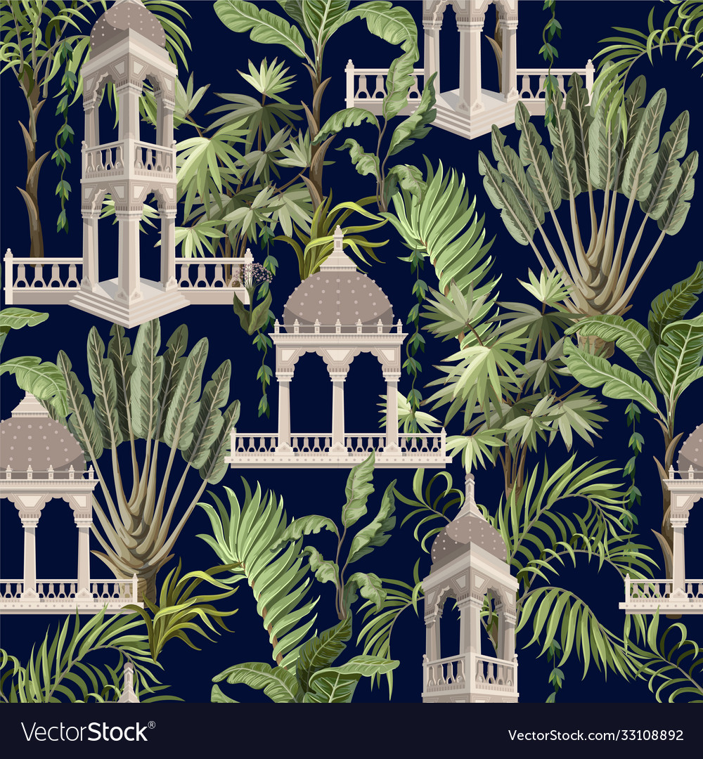 Seamless pattern with jungle trees and ancient vector image Seamless pattern with jungle trees and ancient